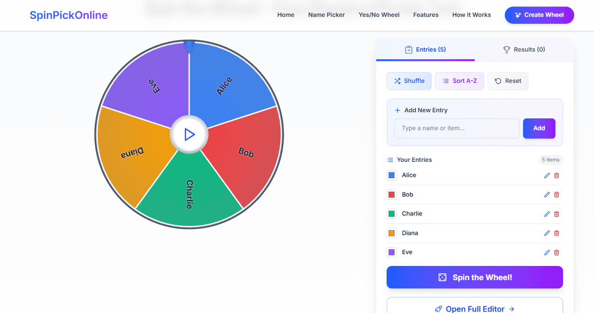 Screenshot showing how to add entries to the random picker wheel