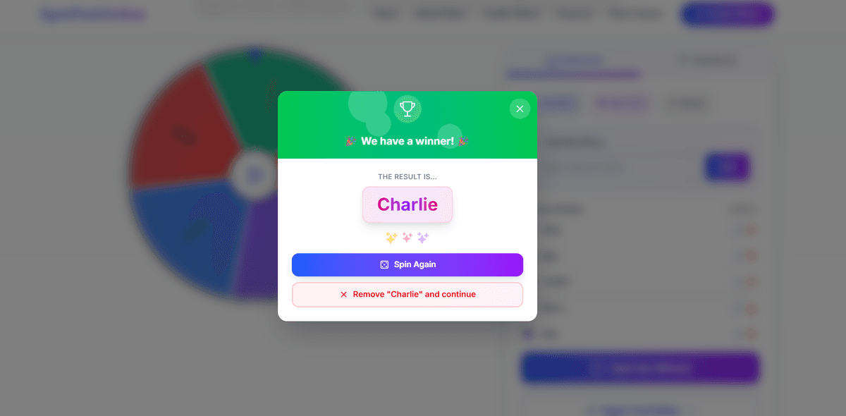 Screenshot showing the winner result popup with confetti
